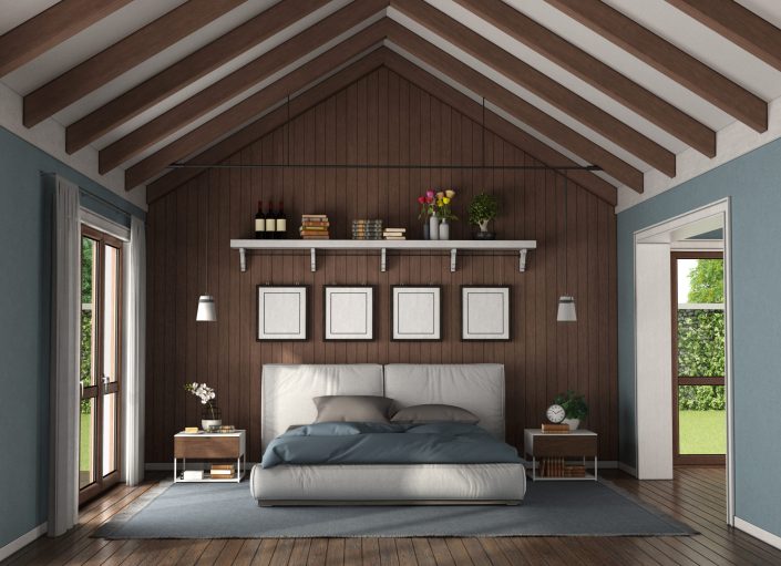 Elegant bedroom with wooden wall behind a modern double bed and nightstand - 3d rendering